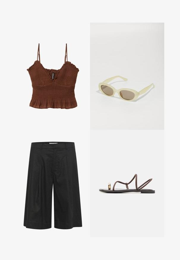 Hnědý crop top s tenkými ramínky, vyrobený z texturované látky, s nařasením a volánkovým lemem pro dobře padnoucí siluetu.; Černé kalhoty s volným, širokým střihem, sklady vpředu a hladkým povrchem. Vyrobeny z lehkého materiálu. Pasují v pase.; Hnědé ploché sandály s několika štíhlými popruhy, smyčkou na prsty a zlatým akcentem. Podešev je plochá a má hladký povrch.; Oválné sluneční brýle s průhledným bledě žlutým rámem a hnědými čočkami. Mají hladkou texturu a jemné kovové akcenty po stranách.; Žlutá pletená slámová kabelka s V-tvarovaným otvorem pro úchop. Vrchní část má jemný krajkový vzor, spodní část je hladká a strukturovaná.