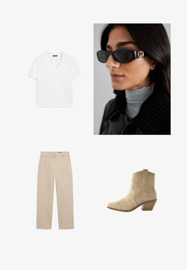 Hvid kortærmet V-hals T-shirt lavet af bomuld, med et minimalistisk design og glat tekstur, lige kant og uden udsmykninger.; Beige chinos lavet af bomulds twill, med et lige ben design, to frontlommer og en lynlås lukning. Glat tekstur med minimal detaljering.; Beige ruskinds ankelstøvle med spids tå og buede syninger. Har en stablet hæl og et trækstrop bagpå for nem påtagning.; Sorte solbriller med en strømlinet rektangulær ramme og en guld logoaccent på siden. Mørke linser og blank overflade er fremtrædende.; Vevet brun håndtaske med rektangulær form, struktureret håndtag og tekstureret overflade. Har en lukket top og et indviklet vævemønster.