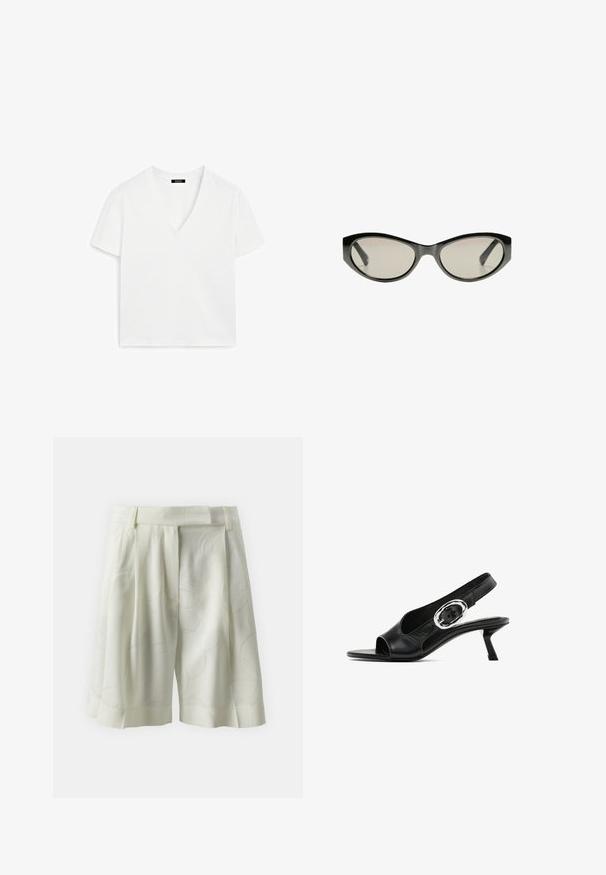Weißes kurzärmeliges V-Ausschnitt-T-Shirt aus Baumwolle, das ein minimalistisches Design und eine glatte Textur aufweist, mit geradem Saum und ohne Verzierungen.; Plissee-Shorts aus hellem Elfenbein-Stoff mit einem subtilen abstrakten Muster. Sie verfügen über einen flachen Taillenbund und eine lässige Passform, ideal für warmes Wetter.; Schwarzer Leder-Slingback-Schuh mit offener Spitze, der eine silberne ovale Schnalle am Riemen und einen schlanken Blockabsatz aufweist. Glatte Textur.; Schwarze Cat-Eye-Sonnenbrille mit grau getönten Gläsern. Der Kunststoffrahmen hat scharfe Kanten und eine glatte, glänzende Oberfläche.
