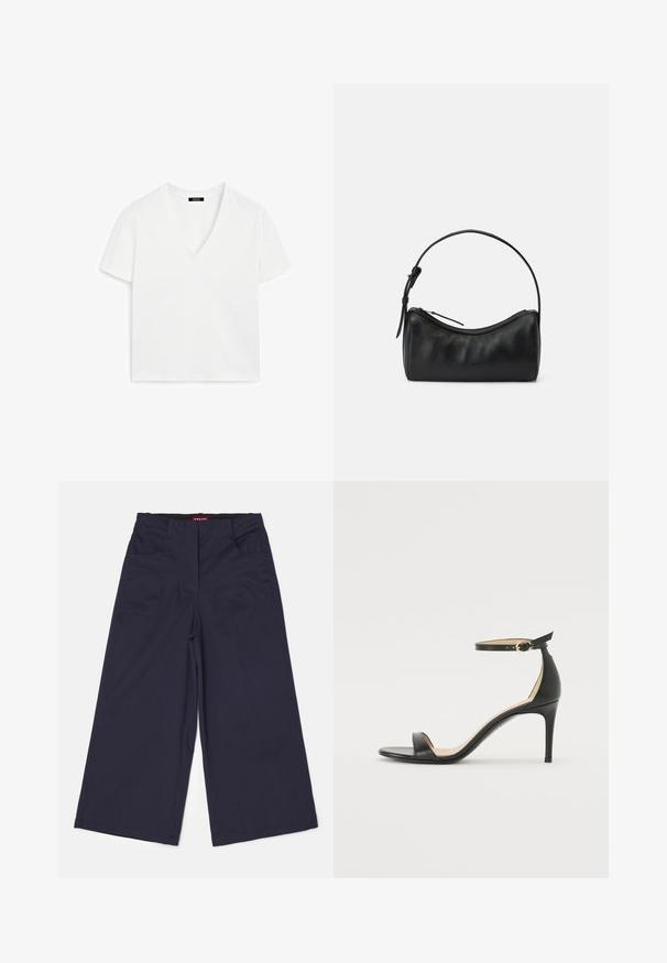 Weißes kurzärmeliges V-Ausschnitt-T-Shirt aus Baumwolle, das ein minimalistisches Design und eine glatte Textur aufweist, mit geradem Saum und ohne Verzierungen.; STAUD LUCA PANT - Stoffhose - navy; Schwarze Leder-high-heeled Sandale mit Knöchelriemen. Verfügt über eine glatte Textur, offene Zehen und einen dünnen Absatz. Goldfarbener Schnallenakzent.; Schwarze Leder-Umhängetasche mit geschwungenem Design, Reißverschluss und schmalem Trageriemen. Hat eine glatte Textur und dezente Nahtdetails.