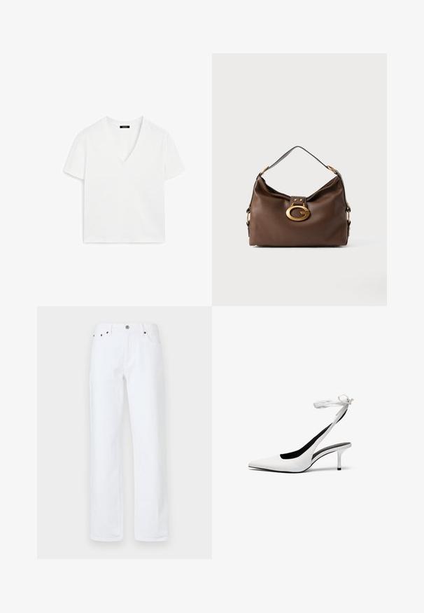 White short-sleeve V-neck t-shirt made of cotton, featuring a minimalist design and smooth texture, with a straight hem and no embellishments.; White denim jeans feature a relaxed fit with a straight leg, five-pocket design, front button closure, and copper-tone rivets.; White pointed-toe slingback heels with a thin ankle strap. Smooth leather material, thin stiletto heel, and a black interior lining.; Brown leather handbag with a textured finish, featuring a gold-tone hardware clasp and a single, curved shoulder strap.