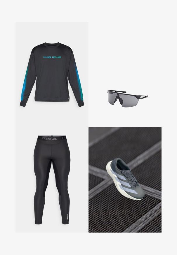 Camisa negra de manga larga con "SIGUE LA LÍNEA" en turquesa. Presenta acentos en degradado azul en las mangas y un diseño de cuello redondo.; Leggings deportivos negros hechos de un material suave y elástico. Presentan una cintura alta con el logo "TECHFIT" y piernas acampanadas con un diseño elegante.; Zapatilla deportiva en gris y blanco, hecha de material sintético, con un diseño aerodinámico, acabado texturizado y un sistema de cordones prominente.; adidas Performance ANEMOS - Gafas de deporte - matte black/smoke gray