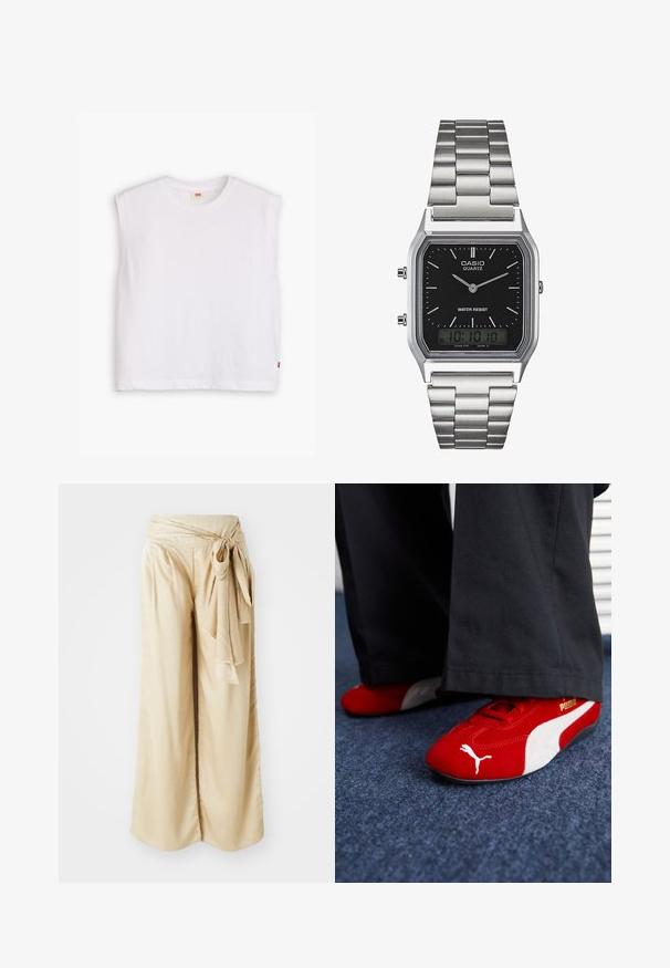 Valge ilma varrukateta puuvillane t-särk ümmarguse kaelusega, sirge lõikega ja väikese punase logo siltega alumisel äärmisel. Pehme tekstuur.; Laiad püksid pehmest beežist kangast, millel on voltitud vöökohaga ja nööri detail. Sile tekstuur ja voolav disain.; Punased sametist tennisetossud valgete detailidega, iseloomulik materjal, ümmargune varvas ja külgsuunas kuldne logo, kantud mustade pükstega.; Hõbedane roostevabast terasest kvarts kell musta ristküliku kujulise näoga, millel on analoognõjad, digitaalelektrooniline kuva ja vee vastupanu silt.