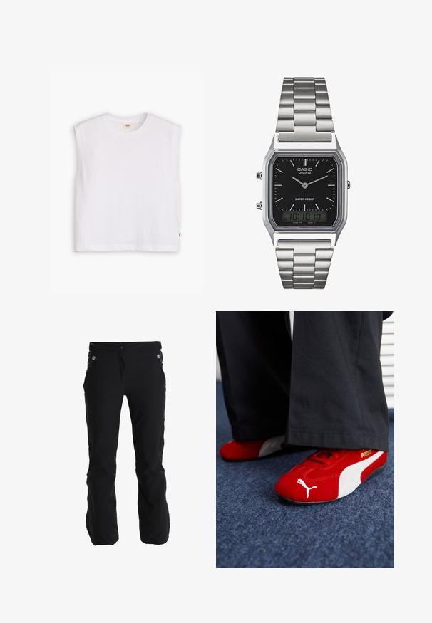 Bílý bavlněný tílko bez rukávů s kruhovým výstřihem, rovného střihu a malou červenou nášivkou na spodním lemu. Měkká textura.; Černé voděodolné kalhoty s nastavitelným pasem, se zipovými kapsami a uvolněným střihem. Vyrobené z odolné, lehké tkaniny s hladkou texturou.; Červené semišové tenisky s bílými detaily, mají texturovaný materiál, kulatou špičku a zlaté logo na boku, nošené s černými kalhotami.; Stříbrné nerezové ocelové hodinky s quartzovým strojem a černým obdélníkovým ciferníkem, které mají analogové ručičky, digitální displej a označení voděodolnosti.