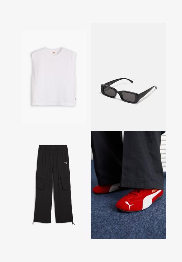 Fehér ujjatlan pamut póló kerek nyakkivágással, egyenes fazonnal és egy kis piros logó címkével az alján. Puha tapintású.; Fekete cargo nadrág, széles lábakkal, elasztikus derékkal, két oldalzsebbel és húzózsinórral ellátott szegéllyel. Kis fehér logó jellemzi.; Piros velúr sportcipő fehér részletekkel, texturált anyaggal, kerek orral és arany logóval az oldalon, fekete nadrággal kombinálva.; Fekete, téglalap alakú napszemüveg sötét lencsékkel, fényes felülettel, széles szárakkal és masszív keret designnal. Az egyik szárra gravírozott márkanevével.