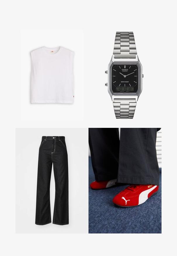Witte mouwloze katoen t-shirt met een ronde halslijn, rechte snit en een klein rood logo label aan de onderrand. Zachte textuur.; Zwarte denim wijde-pijpenbroek met contrasterende witte stiksels, een hoge taille, vijf-pocket ontwerp en een knoopsluiting.; Rode suède sneakers met witte accenten, met een textuurmateriaal, ronde neus en een gouden logo aan de zijkant, gedragen met zwarte broek.; Zilveren roestvrijstalen quartzhorloge met een zwart rechthoekig uurwerk, voorzien van analoge wijzers, digitale weergave en het label voor waterbestendigheid.
