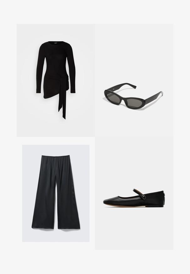 Czarna bluzka z długim rękawem wykonana z miękkiego, elastycznego materiału; posiada ozdobę w postaci bocznego węzła oraz asymetryczny dół.; Czarne spodnie o szerokich nogawkach, wykonane z lekkiego materiału z elastycznym paskiem w talii i gładką, lekko połyskującą fakturą. Charakteryzują się luźnym krojem.; Czarne baleriny z lakierowanej skóry, okrągłym noskiem, paskiem wokół kostki i minimalistycznym wzornictwem. Płaski obcas i gładka tekstura.; Czarne okulary przeciwsłoneczne z owalnymi soczewkami, eleganckimi plastikowymi oprawkami i zakrzywionymi zausznikami. Soczewki są w ciemnoszarym kolorze, co nadaje nowoczesny geometryczny wygląd.; Czarna skórzana torebka w zaokrąglonym kształcie, z dwoma bocznymi klamrami, gładką teksturą i krótkim paskiem na ramię. Dodatki obejmują boczne frędzle.