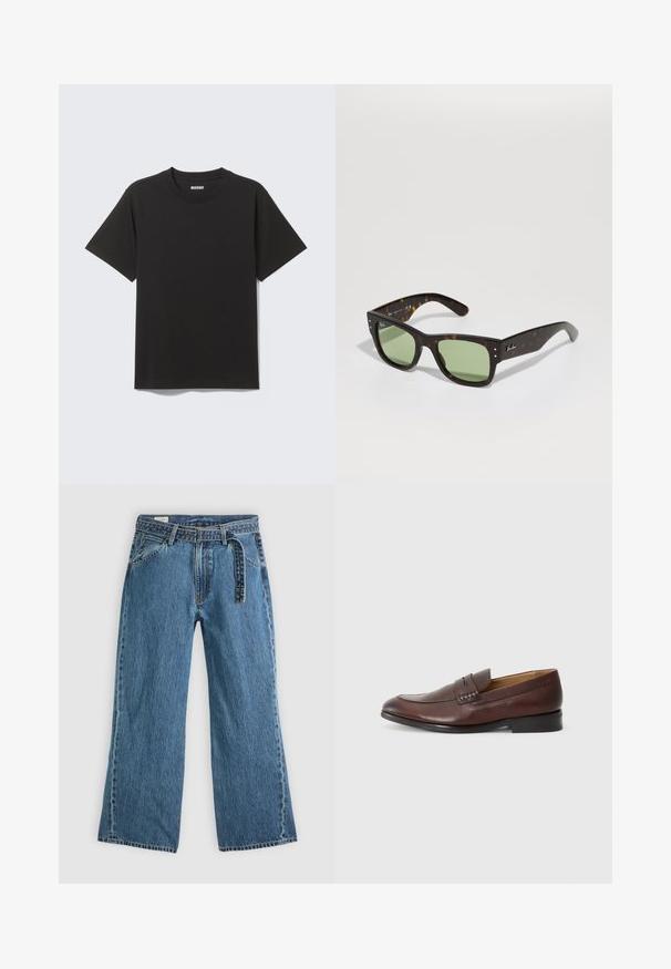 T-shirt nera a maniche corte in morbido cotone, con scollo rotondo e design semplice senza motivi o accenti.; Jeans in denim blu con gamba larga, cintura attaccata, tasche laterali e cuciture visibili su uno sfondo chiaro e uniforme.; JOOP! KLEITOS - Scarpe senza lacci - brown; Occhiali da sole tortoiseshell marroni con lenti verdi, forma quadrata e dettagli in metallo. Caratterizzati dal logo sulla tempia sinistra. Finitura opaca.; Pier One SET - Orologio - black/brown