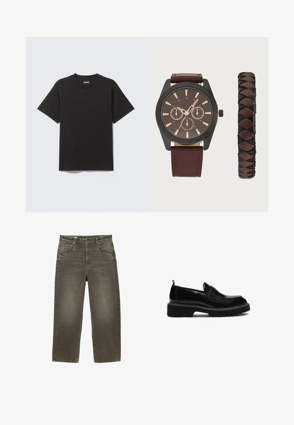 Black short-sleeve T-shirt made of soft cotton, featuring a round neckline and simple design without patterns or accents.; Wide-leg jeans in faded gray denim with a slight sheen. Features two front pockets and a button-fly closure. Horizontal stitching on waistband.; Black leather slip-on shoe with a rounded toe, chunky textured sole, decorative stitching, and a small heel. Features a pull tab at the back.; Pier One SET - Watch - black/brown