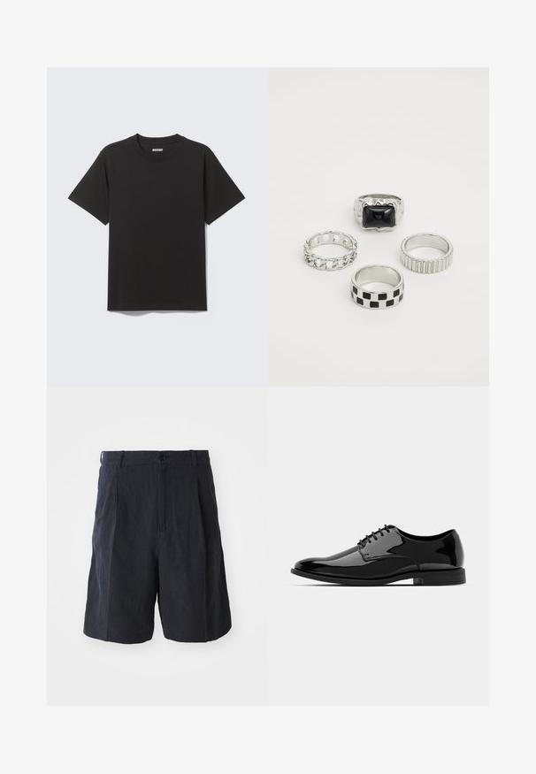 Schwarzes T-Shirt mit kurzen Ärmeln aus weicher Baumwolle, mit rundem Ausschnitt und einfachem Design ohne Muster oder Akzente.; Weekday LOOSE SUIT - Shorts - black; Schwarze Lackleder-Schuh mit abgerundetem Zeh, Schnürdesign und glatter, glänzender Oberfläche. Verfügt über eine flache Gummisohle.; Set aus vier Ringen: Einer hat einen schwarzen rechteckigen Stein, die anderen drei sind metallisch mit strukturierten Oberflächen, darunter Kettenmuster, gerippte und Schachbrettmuster.