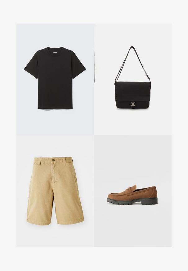 T-shirt nera a maniche corte in morbido cotone, con scollo rotondo e design semplice senza motivi o accenti.; Pantaloni cargo beige in cotone con tasche frontali e laterali, passanti per cintura e chiusura con bottone metallico. Design a taglio dritto e lunghezza fino al ginocchio.; Mocassini in suede marrone con punta arrotondata e una bassa suola in gomma nera, caratterizzati da una fascia decorativa e dettagli di cucitura sulla tomaia.; Borsa a tracolla nera realizzata in materiale liscio, con un lembo pieghevole, hardware in metallo argentato e una tracolla regolabile.