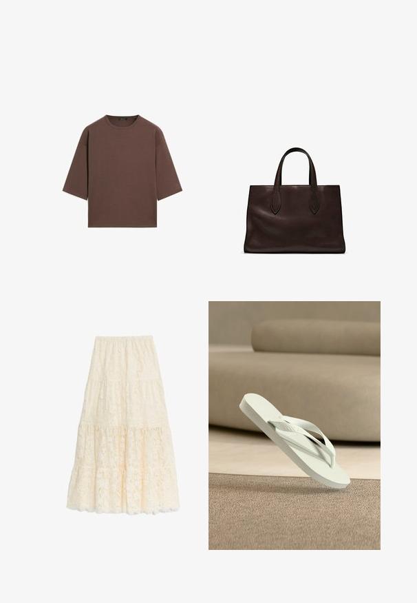 Braunes, kurzes T-Shirt mit rundem Halsausschnitt, kurzen Ärmeln und einer weichen Textur. Entworfen mit einem lässigen Schnitt und minimalen Details.; Maxi-Rock aus weichem Elfenbein mit einem gestuften Design, gewelltem Saum, elastischem Bund und floralem Spitzenmuster.; Hellgrüne Gummi-Zehensandale mit strukturiertem Fußbett und dünnen Riemen, erhoben über einem weichen, neutral getönten Hintergrund.; Braune Ledertasche mit zwei langen Griffen, strukturierte rechteckige Form, glatte Textur und dezente Nähdetails.; Silberfarbene Creolen mit einer Reihe klarer Steine und einem runden Kristallanhänger, der von jeder hängt. Poliertes Metall, elegantes Design.