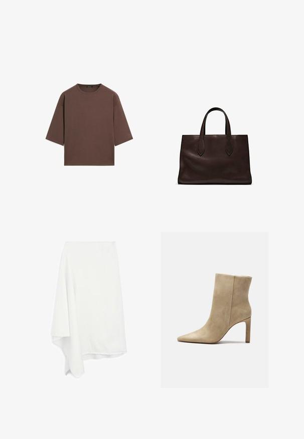 Brown cropped t-shirt with a round neckline, short sleeves, and a soft texture. Designed with a relaxed fit and minimal detailing.; Asymmetrical white skirt made of soft, lightweight fabric; frayed hem detail; smooth texture; drapes elegantly on one side.; Zign High heeled ankle boots - beige; Brown leather tote bag with two elongated handles, structured rectangular shape, smooth texture, and subtle stitching details.