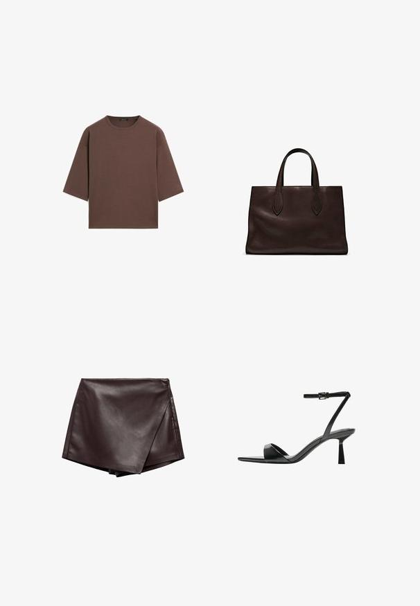 Brun cropped t-shirt med rund halsudskæring, korte ærmer og en blød tekstur. Designet med en afslappet pasform og minimal detaljering.; Brun faux læder omslagsskjørt med en glat tekstur og skrå snit, der har rene kanter og en sidelukning med lynlås.; Bershka Højhælede sandaletter / Højhælede sandaler - black; Brun læder tote bag med to forlængede håndtag, struktureret rektangulær form, glat overflade og subtile syninger.