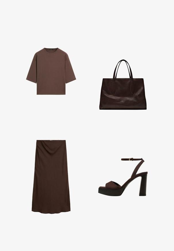Hnědý zkrácený tričko s kulatým výstřihem, krátkými rukávy a měkkou texturou. Navrženo s uvolněným střihem a minimálním zdobením.; Hnědá sukně ke kolenům vyrobená z hladkého materiálu s draped designem a elastickým pasem pro pohodlí a flexibilitu.; Hnědé semišové sandály na vysokém podpatku s otevřenou špičkou, nastavitelným páskem kolem kotníku a proužkovou platformou.; Massimo Dutti Kabelka - brown