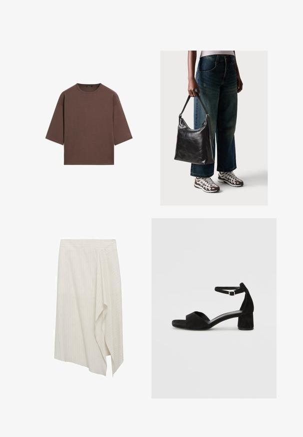 Bruine cropped t-shirt met een ronde halslijn, korte mouwen en een zachte textuur. Ontworpen met een losse pasvorm en minimale details.; Asymmetrische witte rok met lichte verticale strepen, gekenmerkt door een gedrapeerd ontwerp en een gladde stofstructuur. Eenvoudige tailleband, niet versierd.; Zwarte suede hakken met een dunne enkelband, open teen ontwerp en een bescheiden blokhak. Zachte textuur en minimale accenten.; Zwarte leren schoudertas met een gladde textuur en een verstelbare strap, gecombineerd met vervaagde wijde jeans en sportieve sneakers.