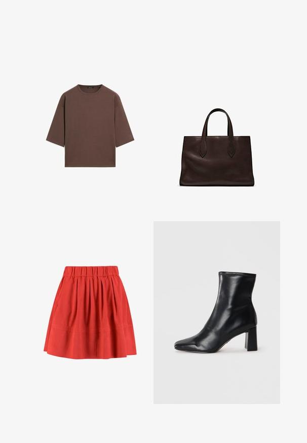 Hnědý zkrácený tričko s kulatým výstřihem, krátkými rukávy a měkkou texturou. Navrženo s uvolněným střihem a minimálním zdobením.; Moves KIA - Plisovaná sukně - mineral red; Černé kožené kotníkové boty s špičatou špičkou a strukturovaným blokovým podpatkem. Hladký povrch s elegantním, minimalistickým designem.; Hnědá kožená taška přes rameno s dvěma dlouhými uchy, strukturální obdélníkový tvar, hladká textura a jemné švy.