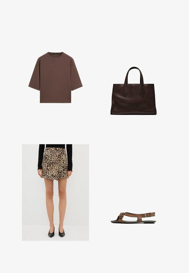 Braunes, kurzes T-Shirt mit rundem Halsausschnitt, kurzen Ärmeln und einer weichen Textur. Entworfen mit einem lässigen Schnitt und minimalen Details.; Minirock mit Leopardenmuster aus weichem Stoff, mit hoher Taille und geradem Schnitt. Kombiniert mit schwarzen spitzen Pumps.; Braune Leder-Sandale mit offener Zehenpartie und seitlichen Ausschnitten. Sie verfügt über einen Knöchelriemen mit einer metallischen Schnalle und eine flache Sohle.; Braune Ledertasche mit zwei langen Griffen, strukturierte rechteckige Form, glatte Textur und dezente Nähdetails.