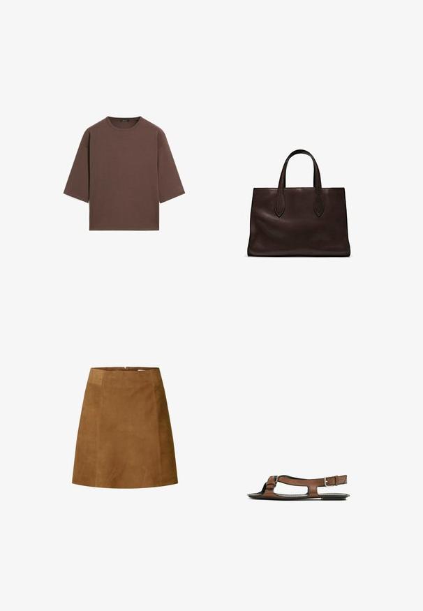 T-shirt corto marrone con scollatura rotonda, maniche corte e una texture morbida. Progettato con una vestibilità rilassata e dettagli minimi.; Mini gonna in suede marrone con taglio dritto, caratterizzata da una texture liscia e chiusura con zip sul retro. Design semplice senza ulteriori decorazioni.; Sandal in pelle marrone con punta aperta e ritagli laterali. Presenta una fascia alla caviglia con una fibbia metallica e una suola piatta.; Borsa a spalla in pelle marrone con due manici lunghi, forma rettangolare strutturata, texture liscia e dettagli di cucitura sottili.