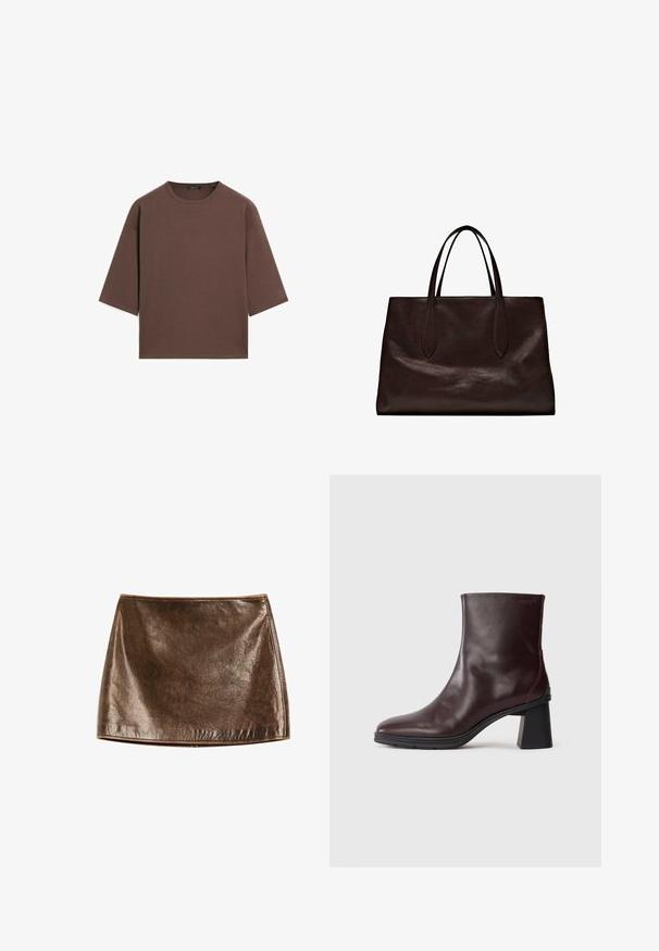 Bruine cropped t-shirt met een ronde halslijn, korte mouwen en een zachte textuur. Ontworpen met een losse pasvorm en minimale details.; Bruine metallic mini-jurk met een gladde, glanzende textuur. Heeft een eenvoudig ontwerp en strakke lijnen, met een rechte zoom aan de onderkant.; Donkerbruin leren enkellaarsje met een blokhak en ronde neus, weergegeven op een effen lichtgrijze achtergrond.; Massimo Dutti Handtas - brown