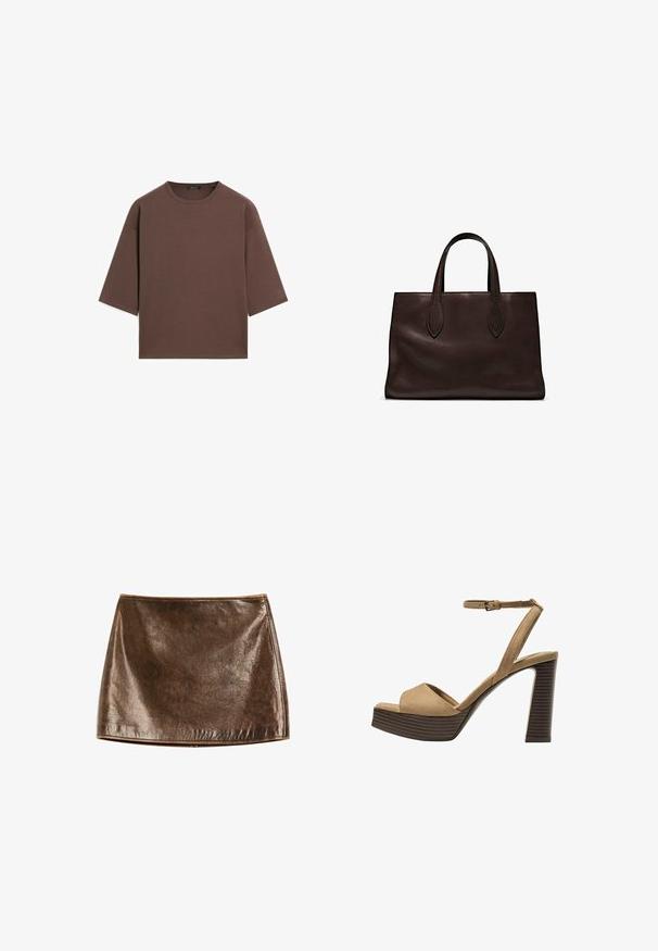 Bruine cropped t-shirt met een ronde halslijn, korte mouwen en een zachte textuur. Ontworpen met een losse pasvorm en minimale details.; Bruine metallic mini-jurk met een gladde, glanzende textuur. Heeft een eenvoudig ontwerp en strakke lijnen, met een rechte zoom aan de onderkant.; Beige suède hoge hakken sandalen met een brede voorband en enkelband, met een dikke houten blokhak met een gestructureerde afwerking.; Bruine leren tote bag met twee verlengde handvatten, gestructureerde rechthoekige vorm, gladde textuur en subtiele stiksels.