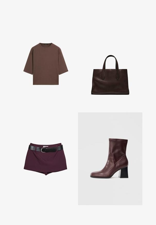 Braunes, kurzes T-Shirt mit rundem Halsausschnitt, kurzen Ärmeln und einer weichen Textur. Entworfen mit einem lässigen Schnitt und minimalen Details.; Bordeauxfarbene Shorts mit einem schwarzen Ledergürtel. Das Design zeichnet sich durch eine glatte Textur und eine taillierte Form aus, mit einem breiten, schnallengesicherten Gürtel.; Burgunderfarbene Leder-Stiefelette mit quadrater Zehenpartie und geripptem Knöchelbund, ausgestattet mit einem kräftigen schwarzen Blockabsatz mit horizontalen Rillen.; Braune Ledertasche mit zwei langen Griffen, strukturierte rechteckige Form, glatte Textur und dezente Nähdetails.