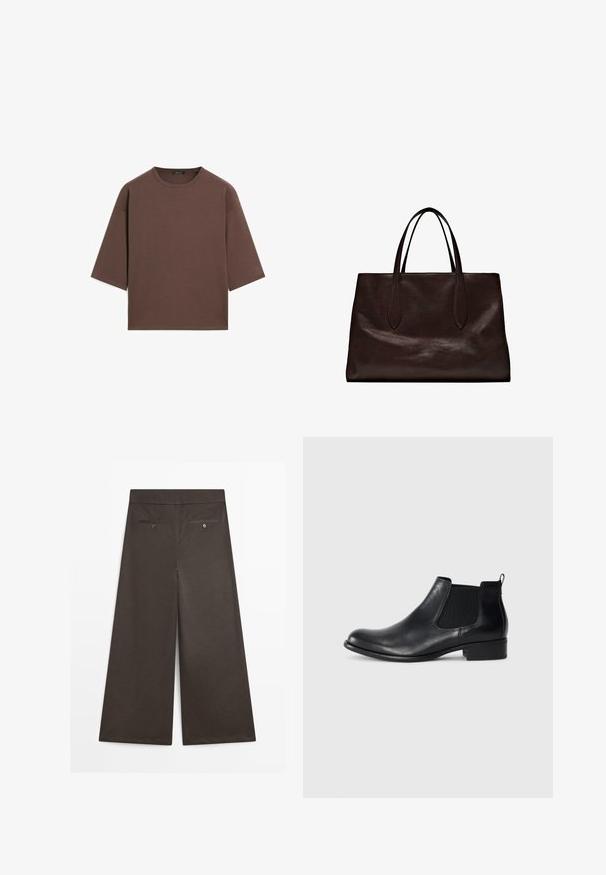 Brun cropped t-shirt med rund halsudskæring, korte ærmer og en blød tekstur. Designet med en afslappet pasform og minimal detaljering.; Brune brede bukser lavet af glat stof. Har en flad talje, to baglommer med knaplukninger og stikninger ved kanten.; Sort læder Chelsea ankelstøvle med elastiske sidedele, rund tå, trækstrop bagpå og en lav blokhælhæl. Glat tekstur.; Massimo Dutti Håndtasker - brown