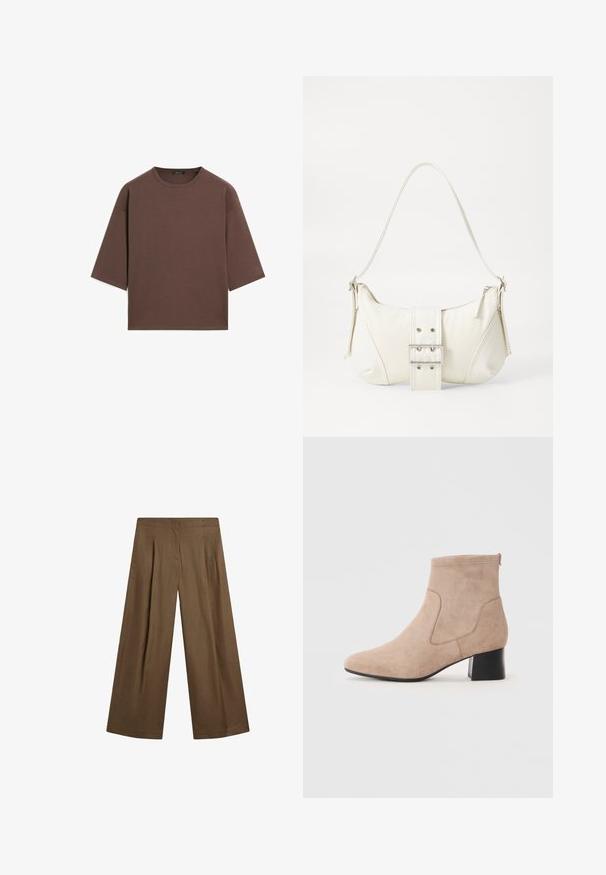 Braunes, kurzes T-Shirt mit rundem Halsausschnitt, kurzen Ärmeln und einer weichen Textur. Entworfen mit einem lässigen Schnitt und minimalen Details.; Weite Hosen in einem einfarbigen Braun, aus einem weichen Stoff mit glatter Textur gefertigt. Mit Vorderfalten und einem taillierten Bund.; Beige Wildlederschuhe mit Knöchelhöhe, die eine abgerundete Zehenpartie, elastische Seitenpaneele und einen Blockabsatz mit einer glatten schwarzen Oberfläche aufweisen.; Weiße Schultertasche mit texturierter Oberfläche, zentralem Schnallenakzent und geschwungener Form. Reißverschluss an beiden Seiten.