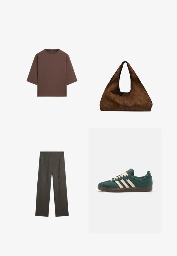 Brun kortärmad t-shirt med rund halsringning, korta ärmar och en mjuk textur. Designad med en avslappnad passform och minimal detaljer.; Mörkgrå, vida byxor gjorda av textil med struktur, med två sidofickor och en ren framvikt. Enkel, skräddarsydd design.; adidas Originals SAMBA OG - Sneakers - crystal sand/mineral green; Brun mocka axelväska med öppen topp. Har en djup, bred kropp, urgröpt handtag och minimal sömnad för en ren design.