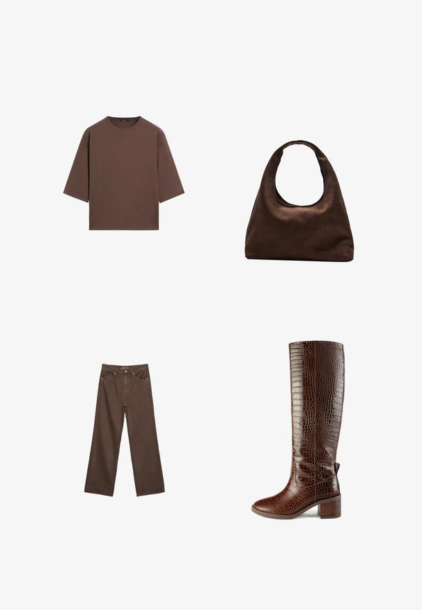 T-shirt marron court avec un col rond, des manches courtes et une texture douce. Conçu avec une coupe décontractée et un minimum de détails.; Jean brown à jambes larges en denim, doté d'une taille haute, de poches avant et d'une fermeture à bouton classique. Texture lisse avec des coutures subtiles.; L37 SIMPLE LIFE - Bottes - brown; Sac à main en toile marron doux de style hobo avec une large sangle unique et une ouverture en haut arrondie, présenté sur un fond blanc.