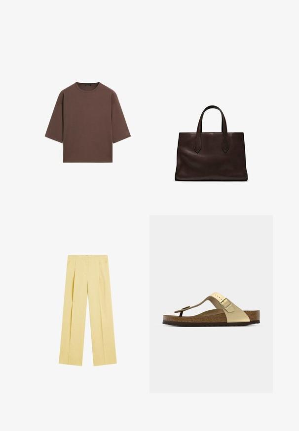 Brun cropped t-shirt med rund halsudskæring, korte ærmer og en blød tekstur. Designet med en afslappet pasform og minimal detaljering.; Lysegule linnedragter med bred bendesign, der har folder og en glat overflade. Livremmen er ren og velafsluttet.; Kork sål sandal i lys guld med en thong-design og justerbar spænde. Har en tekstureret ydersål for godt greb. Neutral farveskema.; Brun læder tote bag med to forlængede håndtag, struktureret rektangulær form, glat overflade og subtile syninger.