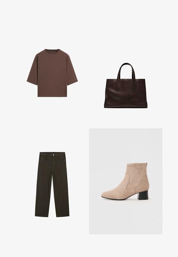 Braunes, kurzes T-Shirt mit rundem Halsausschnitt, kurzen Ärmeln und einer weichen Textur. Entworfen mit einem lässigen Schnitt und minimalen Details.; Dunkelgrüne Jeans im weit geschnittenen Style, hergestellt aus einem Baumwollgemisch. Sie verfügen über einen Frontknopfverschluss, fünf Taschen und klassische Denim-Nähte.; Beige Wildlederschuhe mit Knöchelhöhe, die eine abgerundete Zehenpartie, elastische Seitenpaneele und einen Blockabsatz mit einer glatten schwarzen Oberfläche aufweisen.; Braune Ledertasche mit zwei langen Griffen, strukturierte rechteckige Form, glatte Textur und dezente Nähdetails.