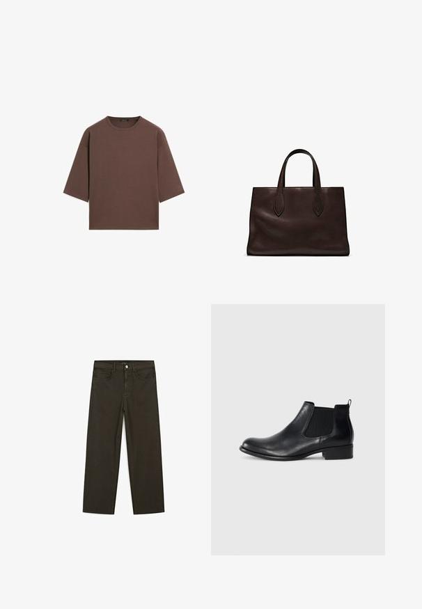 Hnědý zkrácený tričko s kulatým výstřihem, krátkými rukávy a měkkou texturou. Navrženo s uvolněným střihem a minimálním zdobením.; Tmavě zelené široké džínsy vyrobené z bavlněné směsi, s předním zapínáním na knoflík, pěti kapsami a klasickým denimovým stehem.; Černé kožené Chelsea kotníkové boty s elastickými bočními panely, kulatou špičkou, poutkem na zadní straně a nízkým blokovým podpatkem. Hladká textura.; Hnědá kožená taška přes rameno s dvěma dlouhými uchy, strukturální obdélníkový tvar, hladká textura a jemné švy.