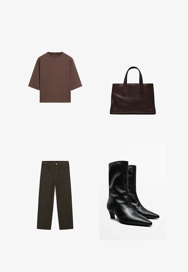 Brun cropped t-shirt med rund halsudskæring, korte ærmer og en blød tekstur. Designet med en afslappet pasform og minimal detaljering.; Mørkegrønne brede jeans lavet af en bomuldsblanding, med en frontlukning med knap, fem lommer og klassisk denim-syning.; Sorte læder ankelstøvler med spids tå, slank blokhæl og glat finish; har lynlås lukning bagpå.; Brun læder tote bag med to forlængede håndtag, struktureret rektangulær form, glat overflade og subtile syninger.