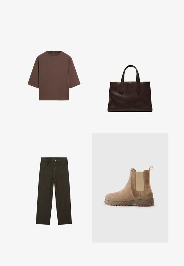 T-shirt corto marrone con scollatura rotonda, maniche corte e una texture morbida. Progettato con una vestibilità rilassata e dettagli minimi.; Jeans a gamba larga di colore verde scuro, realizzati in tessuto misto cotone, dotati di chiusura con bottone frontale, cinque tasche e cuciture classiche in denim.; Stivali Chelsea in suede marrone con pannelli elastici laterali, linguetta, suola in gomma e superficie testurizzata, dotati di punta tonda e design robusto.; Borsa a spalla in pelle marrone con due manici lunghi, forma rettangolare strutturata, texture liscia e dettagli di cucitura sottili.