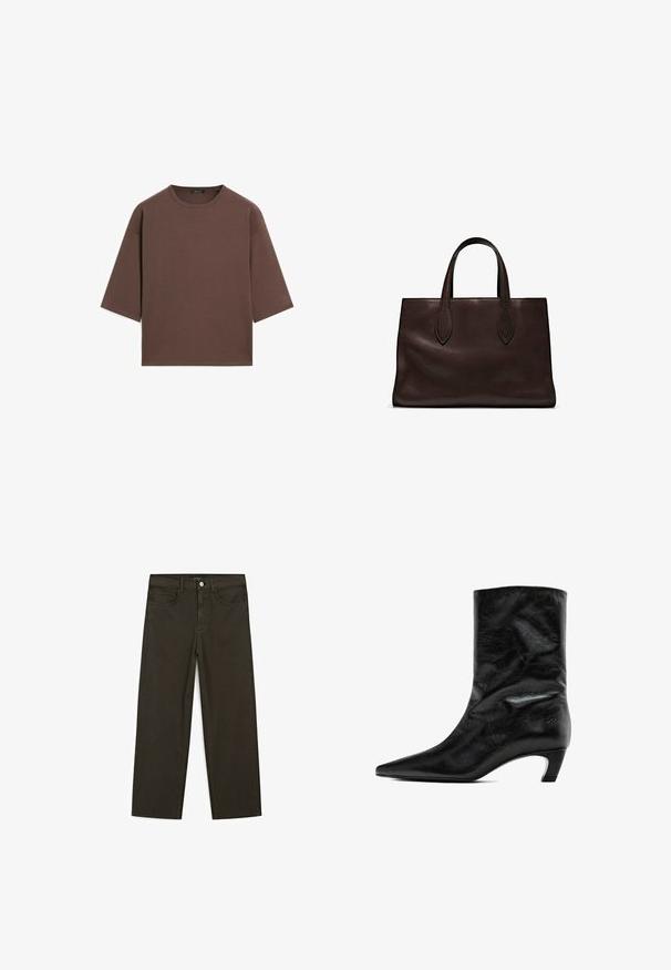 Brown cropped t-shirt with a round neckline, short sleeves, and a soft texture. Designed with a relaxed fit and minimal detailing.; Dark green wide-leg jeans made of cotton blend, featuring a front button closure, five pockets, and classic denim stitching.; Black leather ankle boot with a pointed toe and a low, tapered heel. Features a smooth texture with subtle creases on the surface.; Brown leather tote bag with two elongated handles, structured rectangular shape, smooth texture, and subtle stitching details.