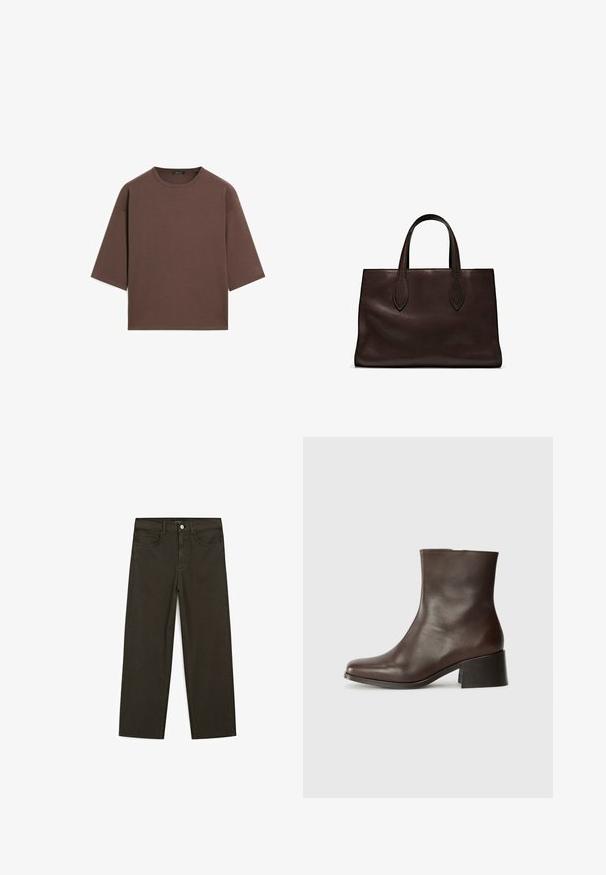 Brązowy, krótki t-shirt z okrągłym dekoltem, krótkimi rękawami i miękką fakturą. Zaprojektowany w luźnym kroju z minimalnymi detalami.; Ciemnozielone spodnie dżinsowe typu wide-leg wykonane z mieszanki bawełny, z zamkiem na guzik z przodu, pięcioma kieszeniami i klasycznym przeszyciem dżinsowym.; Brązowy skórzany botek sięgający kostki o gładkiej fakturze, okrągłym nosku i masywnym czarnym obcasie. Charakteryzuje się minimalistycznym wzornictwem bez widocznych elementów metalowych.; Brązowa skórzana torba tote z dwoma wydłużonymi uchwytami, usztywnionym prostokątnym kształtem, gładką teksturą i subtelnymi detalami przeszycia.