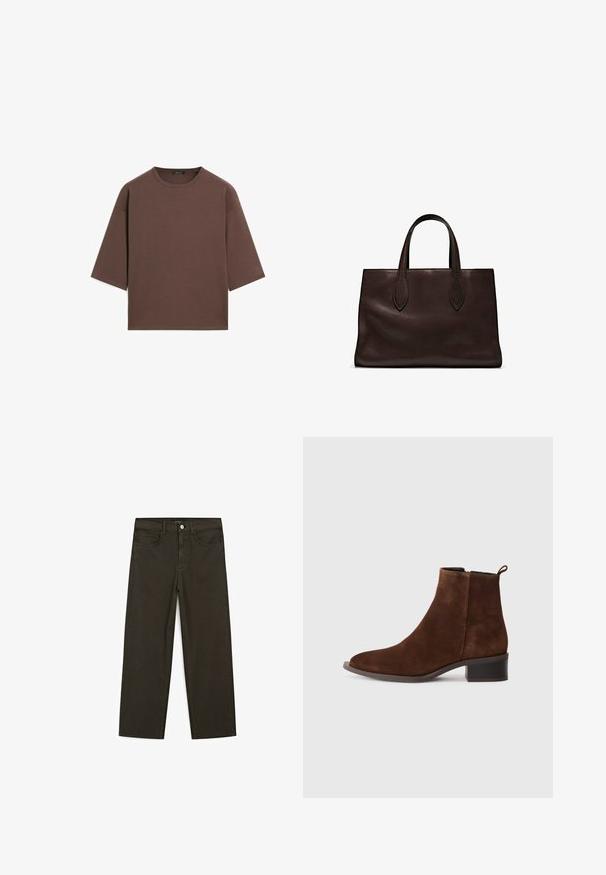 T-shirt marron court avec un col rond, des manches courtes et une texture douce. Conçu avec une coupe décontractée et un minimum de détails.; Jeans large en denim vert foncé en mélange de coton, avec une fermeture à bouton à l'avant, cinq poches et des coutures classiques en denim.; Bottine en daim marron avec un bout rond, un petit talon carré et une fermeture éclair sur le côté. Dispose d'une languette à l'arrière pour un enfilage facile.; Sac tote en cuir marron avec deux poignées allongées, forme rectangulaire structurée, texture lisse et détails de couture subtils.