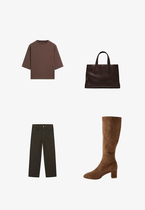 Braunes, kurzes T-Shirt mit rundem Halsausschnitt, kurzen Ärmeln und einer weichen Textur. Entworfen mit einem lässigen Schnitt und minimalen Details.; Dunkelgrüne Jeans im weit geschnittenen Style, hergestellt aus einem Baumwollgemisch. Sie verfügen über einen Frontknopfverschluss, fünf Taschen und klassische Denim-Nähte.; Braune Wildlederstiefel bis zum Knie mit spitz zulaufender Zehenpartie und Blockabsatz, die eine glatte Textur und saubere Nähte entlang der Kanten aufweisen.; Braune Ledertasche mit zwei langen Griffen, strukturierte rechteckige Form, glatte Textur und dezente Nähdetails.