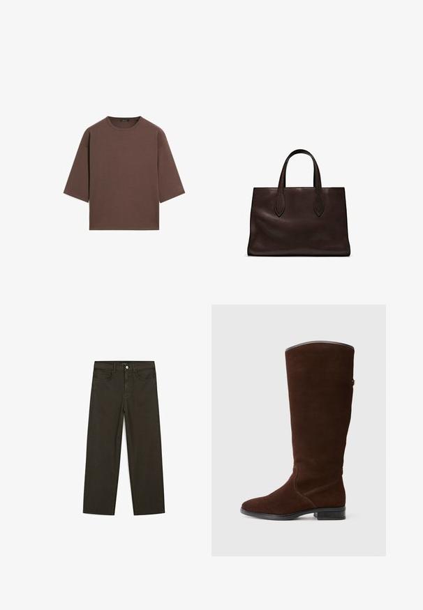 Hnědý zkrácený tričko s kulatým výstřihem, krátkými rukávy a měkkou texturou. Navrženo s uvolněným střihem a minimálním zdobením.; Tmavě zelené široké džínsy vyrobené z bavlněné směsi, s předním zapínáním na knoflík, pěti kapsami a klasickým denimovým stehem.; Hnědé semišové kozačky do kolen s kulatou špičkou, jemnými švy a nízkým blokovým podpatkem. Hladká podšívka na horním okraji.; Hnědá kožená taška přes rameno s dvěma dlouhými uchy, strukturální obdélníkový tvar, hladká textura a jemné švy.