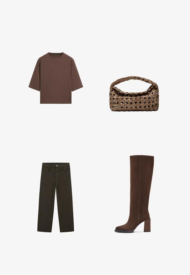 Bruine cropped t-shirt met een ronde halslijn, korte mouwen en een zachte textuur. Ontworpen met een losse pasvorm en minimale details.; Donkergroene wijde jeans van een katoenmix, met een sluiting met een voorste knop, vijf zakken en klassieke denimstiksels.; Bruine knielange laarzen van zachte stof, met een vierkante neus, blokhak en een gestructureerde rubberen zool. Eenvoudige lijnen zonder versieringen.; Geweven bruine handtas met een rechthoekige vorm, gestructureerd handvat en een textuurrijk oppervlak. Heeft een gesloten bovenkant en een ingewikkeld vlechtpatroon.