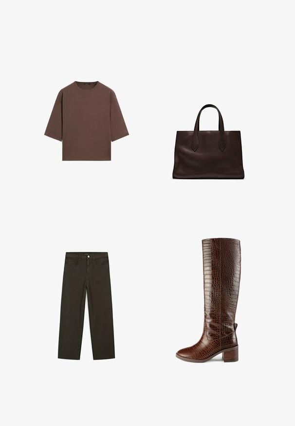 Hnědý zkrácený tričko s kulatým výstřihem, krátkými rukávy a měkkou texturou. Navrženo s uvolněným střihem a minimálním zdobením.; Tmavě zelené široké džínsy vyrobené z bavlněné směsi, s předním zapínáním na knoflík, pěti kapsami a klasickým denimovým stehem.; L37 SIMPLE LIFE - Vysoká obuv - brown; Hnědá kožená taška přes rameno s dvěma dlouhými uchy, strukturální obdélníkový tvar, hladká textura a jemné švy.
