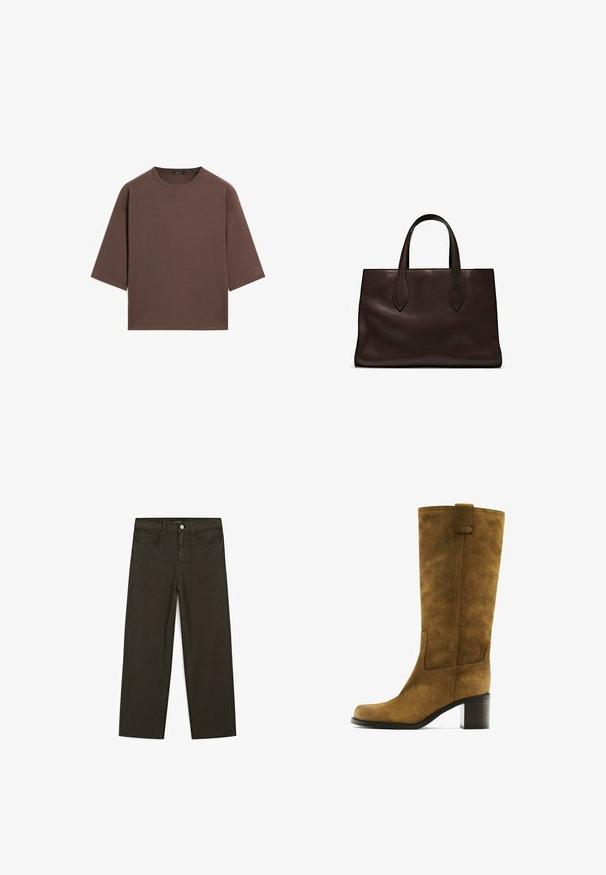 Bruine cropped t-shirt met een ronde halslijn, korte mouwen en een zachte textuur. Ontworpen met een losse pasvorm en minimale details.; Donkergroene wijde jeans van een katoenmix, met een sluiting met een voorste knop, vijf zakken en klassieke denimstiksels.; Bruine suède laarzen tot de knie met een vierkante neus en blokhak. Heeft een zijpaneel en een trekband aan de bovenkant voor eenvoudig aan- en uittrekken.; Bruine leren tote bag met twee verlengde handvatten, gestructureerde rechthoekige vorm, gladde textuur en subtiele stiksels.