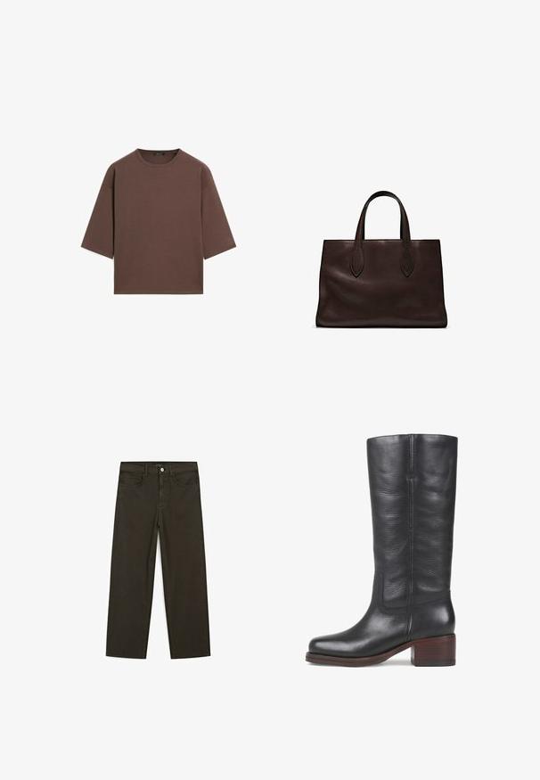 Brun kortärmad t-shirt med rund halsringning, korta ärmar och en mjuk textur. Designad med en avslappnad passform och minimal detaljer.; Mörkgröna vida jeans i bomullsblandning, med knäppning fram, fem fickor och klassisk denimstickning.; Svarta läderknäboots med en slät yta, fyrkantig tå och staplad träklack. Har subtil sömnad och en sid sömdesign.; Brun läder tote-väska med två avlånga handtag, strukturerad rektangulär form, slät textur och subtila sömdetaljer.
