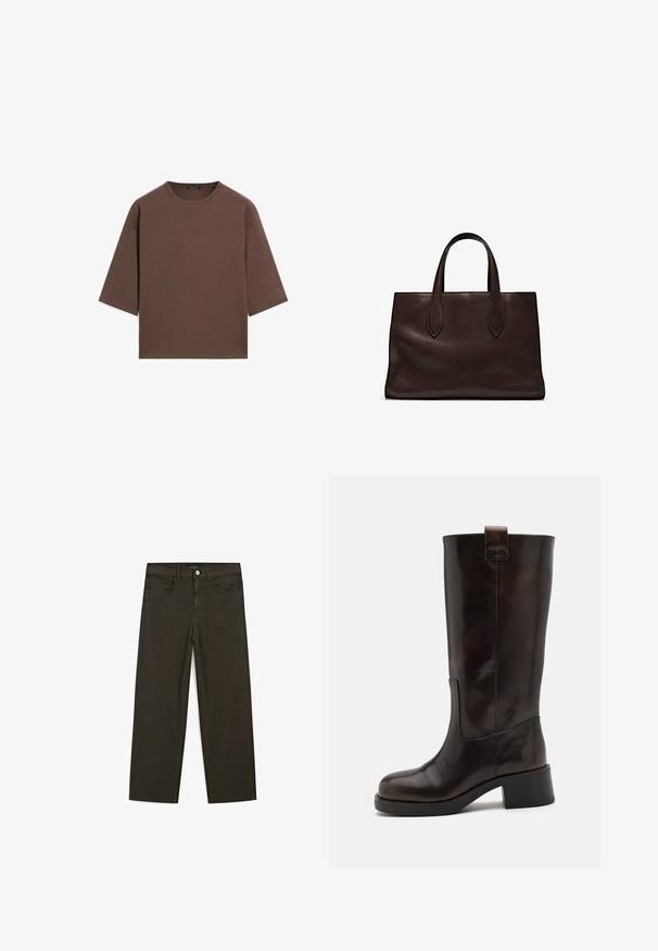 Brown cropped t-shirt with a round neckline, short sleeves, and a soft texture. Designed with a relaxed fit and minimal detailing.; Dark green wide-leg jeans made of cotton blend, featuring a front button closure, five pockets, and classic denim stitching.; Brown leather knee-high boots with a sturdy block heel, glossy finish, and back pull tab; features a streamlined silhouette and durable sole.; Brown leather tote bag with two elongated handles, structured rectangular shape, smooth texture, and subtle stitching details.