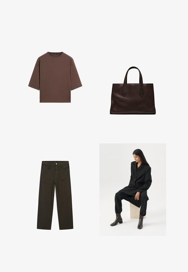 Brązowy, krótki t-shirt z okrągłym dekoltem, krótkimi rękawami i miękką fakturą. Zaprojektowany w luźnym kroju z minimalnymi detalami.; Ciemnozielone spodnie dżinsowe typu wide-leg wykonane z mieszanki bawełny, z zamkiem na guzik z przodu, pięcioma kieszeniami i klasycznym przeszyciem dżinsowym.; Czarny, dopasowany garnitur z marynarką i zwężającymi się spodniami, zestawiony z brązowymi botkami za kostkę. Gładka tekstura, minimalistyczny design, brak widocznych wzorów.; Brązowa skórzana torba tote z dwoma wydłużonymi uchwytami, usztywnionym prostokątnym kształtem, gładką teksturą i subtelnymi detalami przeszycia.