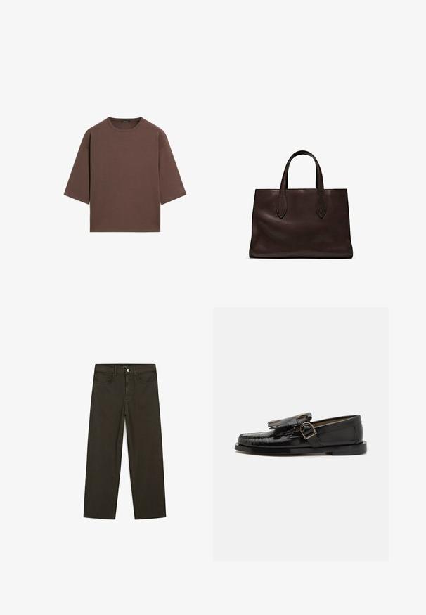 Bruine cropped t-shirt met een ronde halslijn, korte mouwen en een zachte textuur. Ontworpen met een losse pasvorm en minimale details.; Donkergroene wijde jeans van een katoenmix, met een sluiting met een voorste knop, vijf zakken en klassieke denimstiksels.; Zwarte leren moccasinschoen met een glanzende afwerking, voorzien van decoratieve franjes en een gespdetail. Laag profiel zool met minimale profiel.; Bruine leren tote bag met twee verlengde handvatten, gestructureerde rechthoekige vorm, gladde textuur en subtiele stiksels.