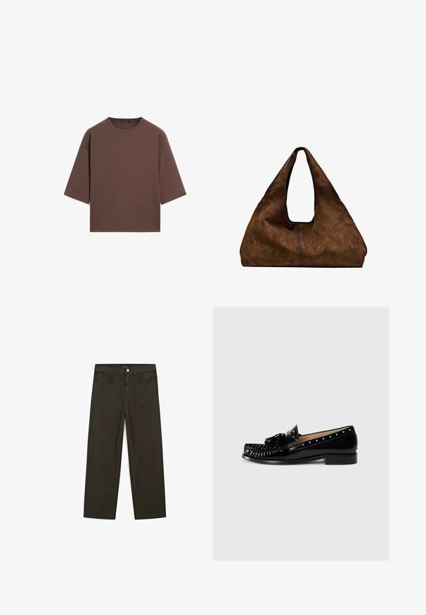 Brown cropped t-shirt with a round neckline, short sleeves, and a soft texture. Designed with a relaxed fit and minimal detailing.; Dark green wide-leg jeans made of cotton blend, featuring a front button closure, five pockets, and classic denim stitching.; Black leather loafers with decorative stitching, metal studs along the upper, a low heel, and a textured bow accent on the front.; Brown suede tote bag with a wide, rounded body, deep cutout handle, and contrasting black lining. Soft texture with visible stitching details.