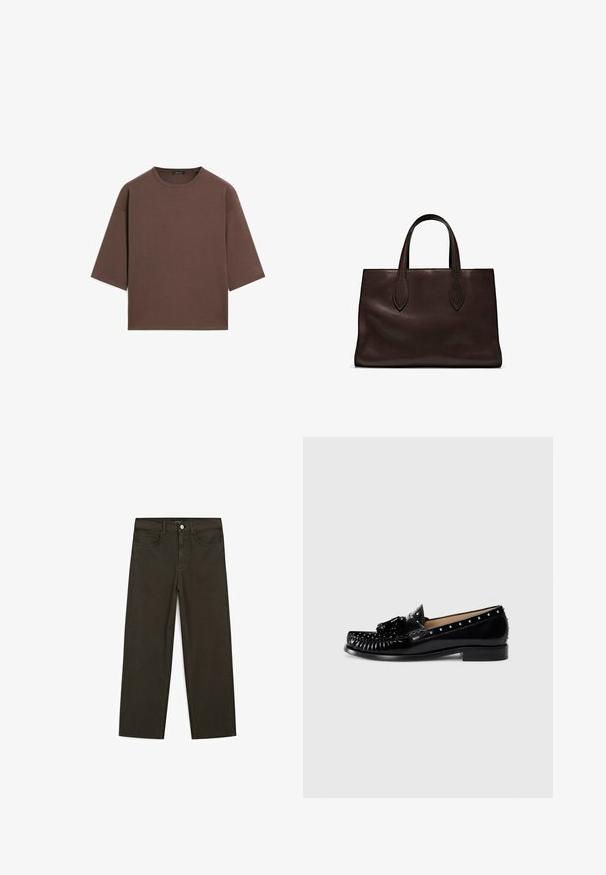 Brown cropped t-shirt with a round neckline, short sleeves, and a soft texture. Designed with a relaxed fit and minimal detailing.; Dark green wide-leg jeans made of cotton blend, featuring a front button closure, five pockets, and classic denim stitching.; Black leather loafers with decorative stitching, metal studs along the upper, a low heel, and a textured bow accent on the front.; Brown leather tote bag with two elongated handles, structured rectangular shape, smooth texture, and subtle stitching details.