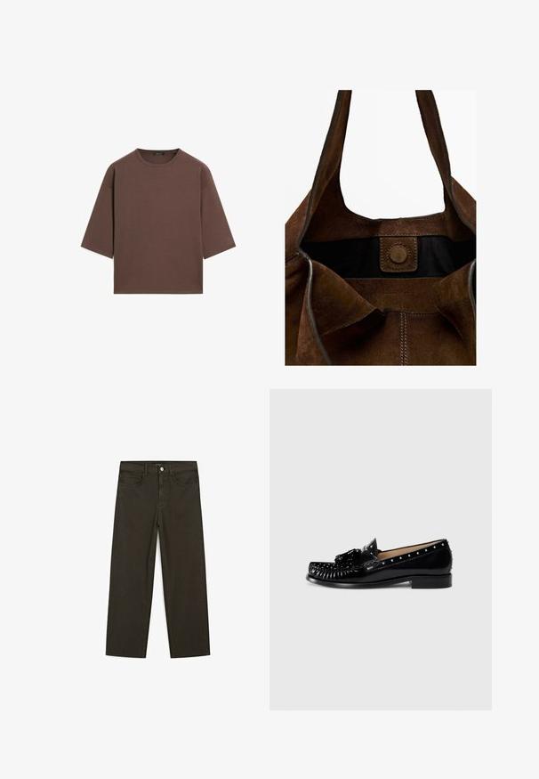 Brown cropped t-shirt with a round neckline, short sleeves, and a soft texture. Designed with a relaxed fit and minimal detailing.; Dark green wide-leg jeans made of cotton blend, featuring a front button closure, five pockets, and classic denim stitching.; Black leather loafers with decorative stitching, metal studs along the upper, a low heel, and a textured bow accent on the front.; Brown suede tote bag with long handles, interior black lining, magnetic button closure, and embossed logo. Soft texture and minimal design.